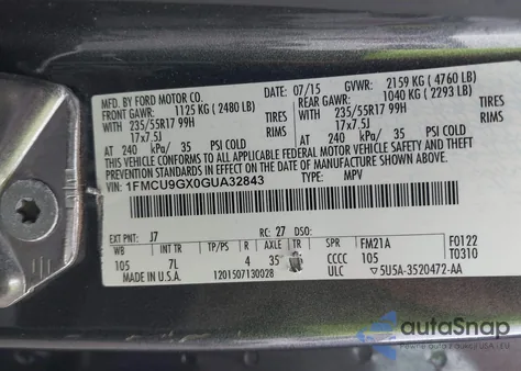 2016 Ford Escape Se from USA, damaged, VIN 1FMCU9GX0GUA32843